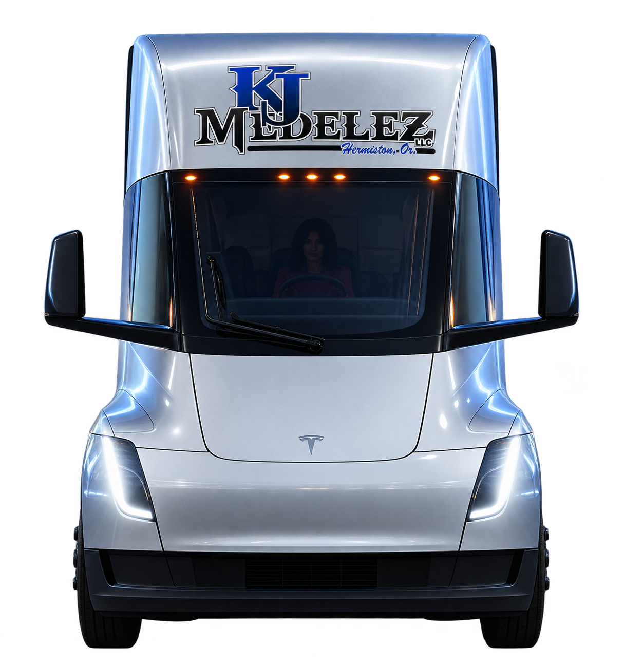 A front-facing KJ Medelez Tesla Semi in the garage after the two companies come together